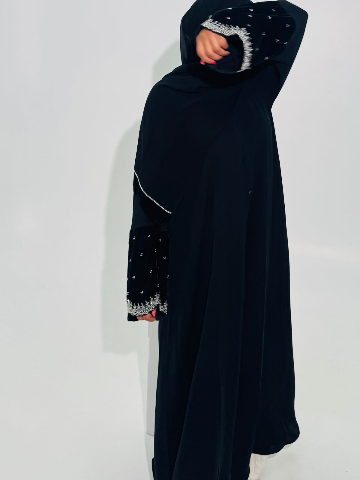 Anwar - black Nida with velvet beaded cuffs