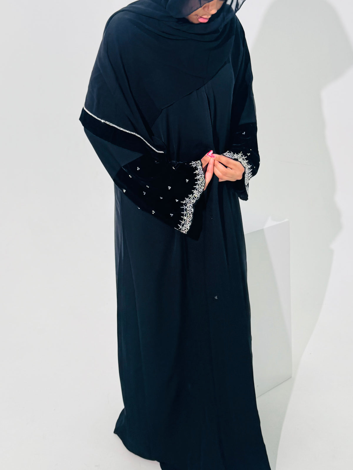 Anwar - black Nida with velvet beaded cuffs