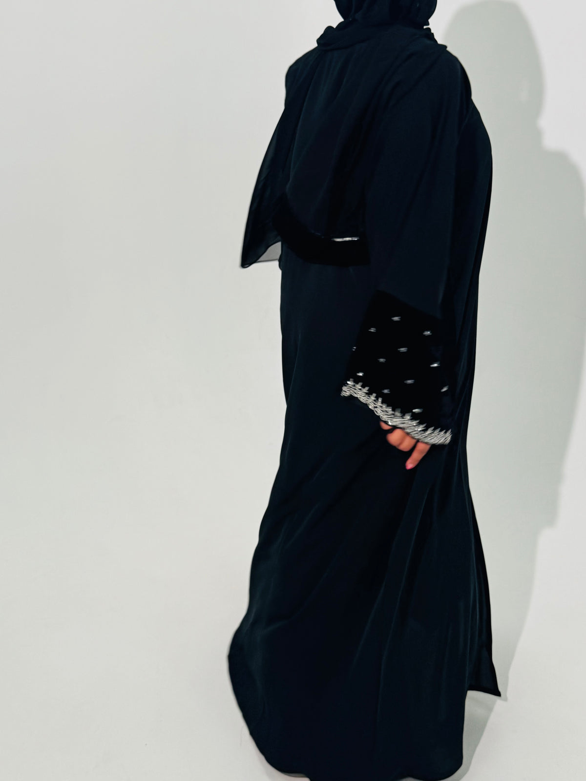 Anwar - black Nida with velvet beaded cuffs