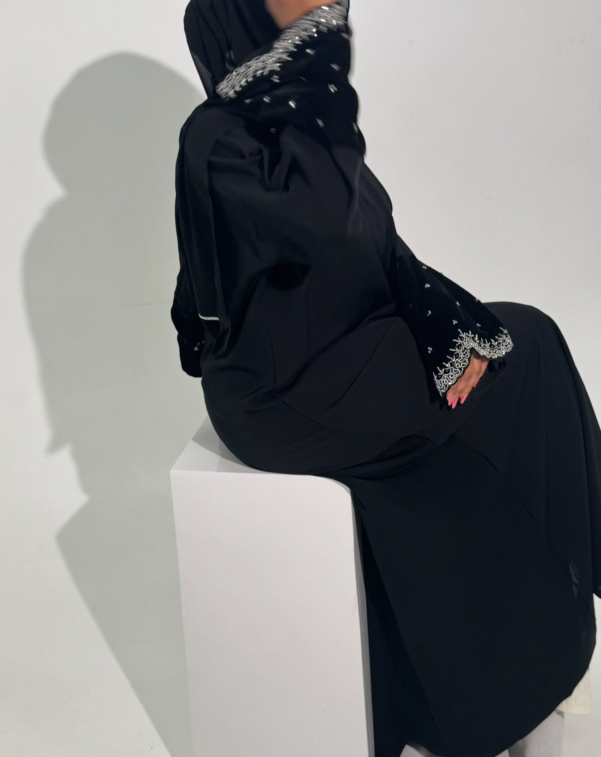 Anwar - black Nida with velvet beaded cuffs