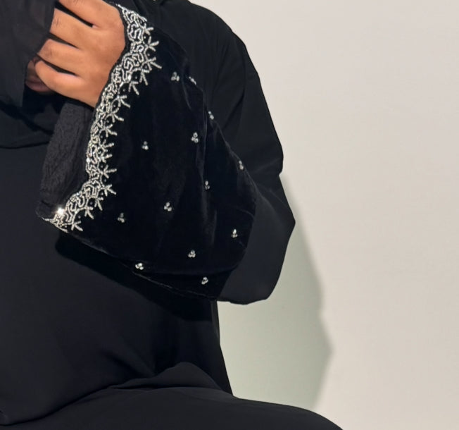 Anwar - black Nida with velvet beaded cuffs