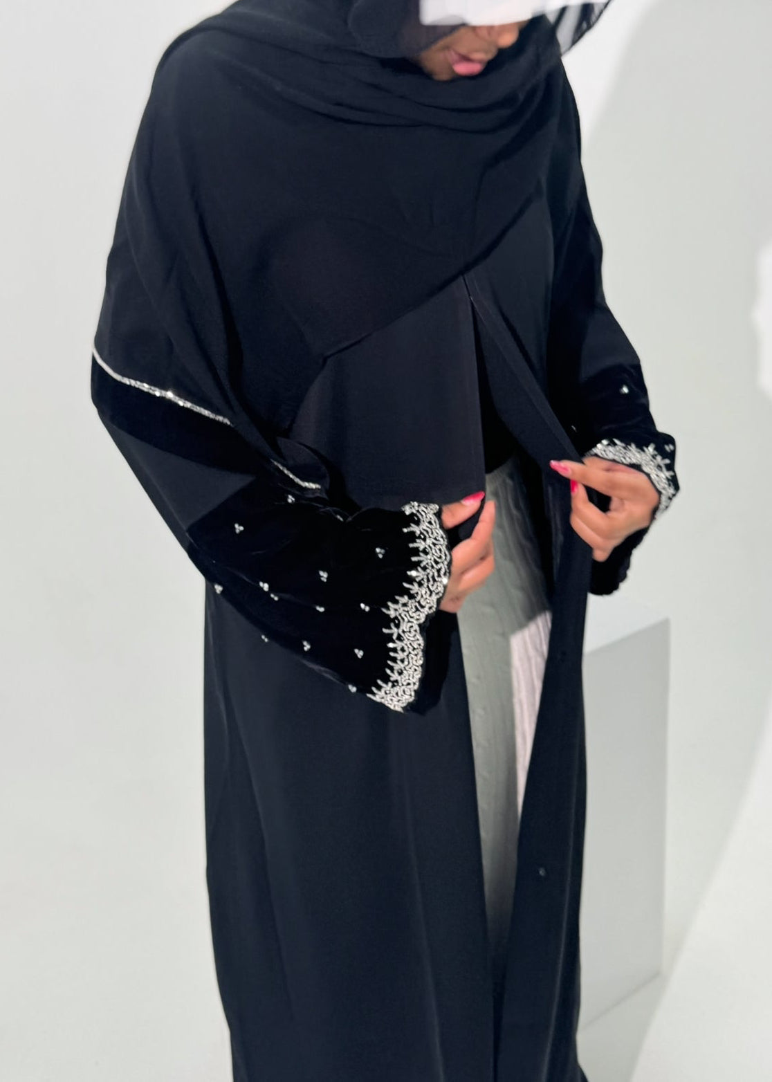 Anwar - black Nida with velvet beaded cuffs