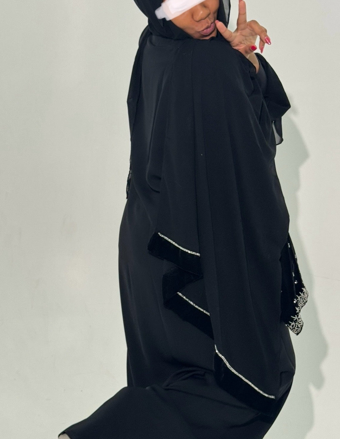 Anwar - black Nida with velvet beaded cuffs